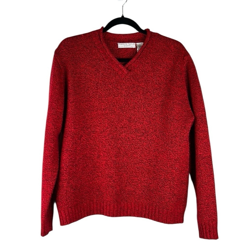 Carolyn Taylor Red & Black V-Neck Classic Long Sleeve Knit Sweater Size Medium